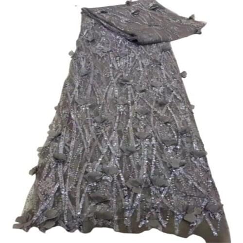 Grey New Design African Lace Fabric 3D Flower Wholesale French Lace Fabric High Quality Nigerian Tulle Sequins Lace Fabric