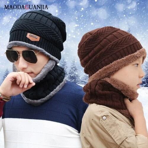 LEOSOXS Neck Warm Knitted Hat Scarf Set Fur Wool Lining Thick Warm Knit Beanies Balaclava Winter Hat for Men Baby Cap Scarf Set