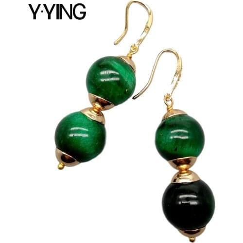 Y·YING 14mm Green Tigers Eye Smooth Round Dangle Hook Earrings