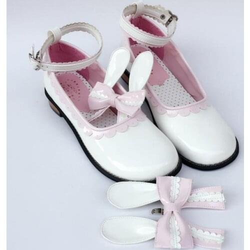 Japanese Cute Rabbit Ear Bow Comfortable Round Toe Sweet Lolita Shoes Flats Girls Ankle Strap Low Heel Shoes
