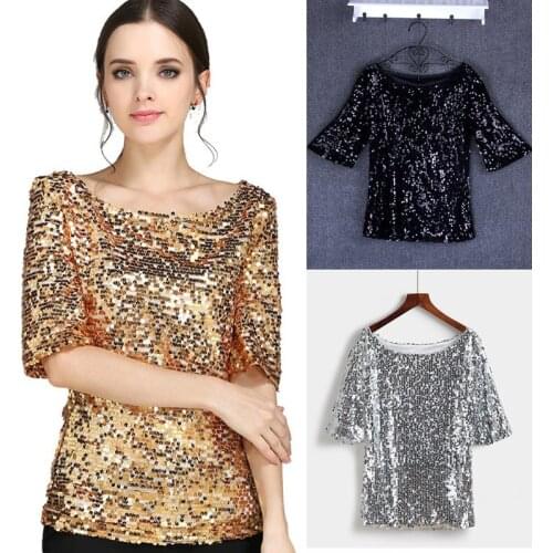 New European and American sequins fashion short-sleeved round neck loose T-shirt womens large size shirt female W419
