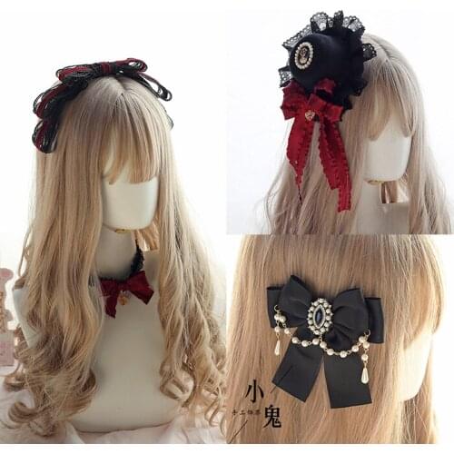 Vintage Dark Girls Gothic Lolita Pearls Bow Black Hat Headband Hair Accessories Headwear Womens Headdress Hair pin