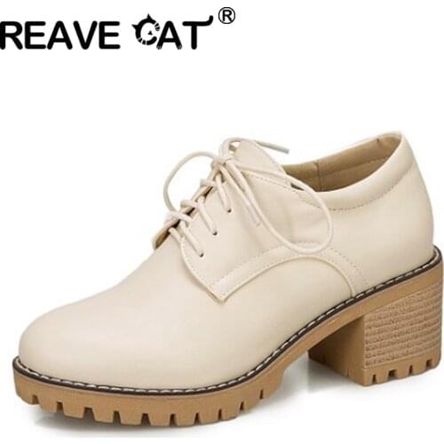 REAVE CAT 2021 Retro Ladies Pumps Concise Platforms Lace Up Vintnge Round Toe 6CM Chunky Heel Shoes US11 12 Black Beige A4393