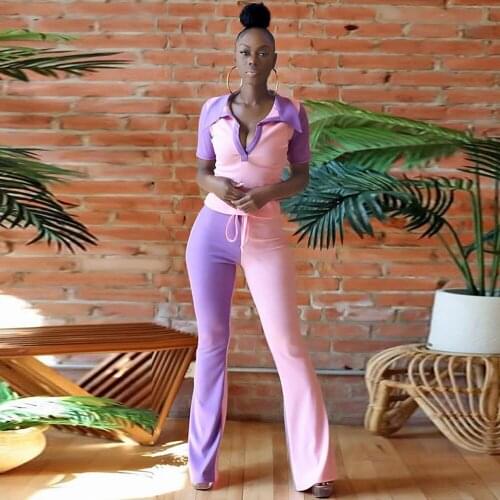 Pink Purple Color Blocked Two Piece Pant Suit Women Turn Down Collar Short Sleeve Tops and Bell Bottom Trouser Matching Outfit