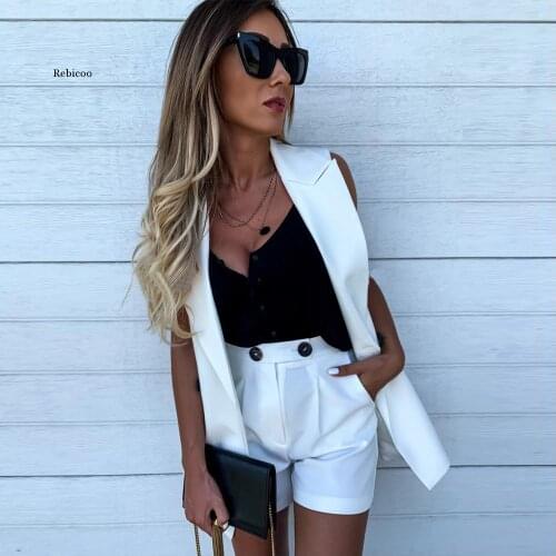 Women 2 Piece Sets Blazer Sleeveless + Shorts Jacket Coat Solid Color Office Double Button Short Pants Vest Sets