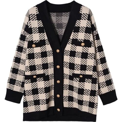 2021 V Neck Women Button Black Houndstooth Cardigan 2020 Long Sleeve Sweater Autumn Winter Knitted Loose Oversized Jumper Casual