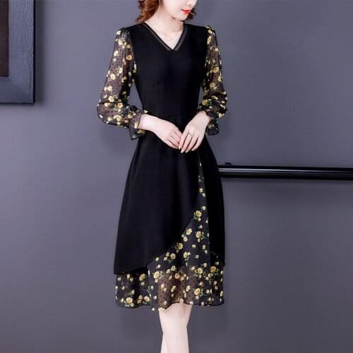 Floral Womens Autumn Dress 2021 New Stitching French Little Black Dress Female Temperament Mid-Length Dress Plus Size 4XL M335