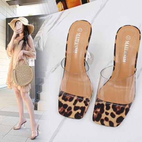 2021 New Desing 45 46 Leopard Print Sandals Open Toe Transparent Perspex Women Slippers Shoes Heel Clear Sandals
