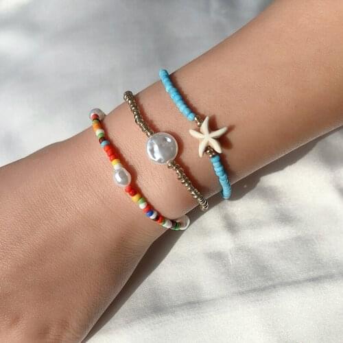 3PCS Starfish Bracelet Bohemian Fake Pearl Colorful Bead Bracelet Multi Purpose Anklet Summer Beach Foot Chain for Women Girls
