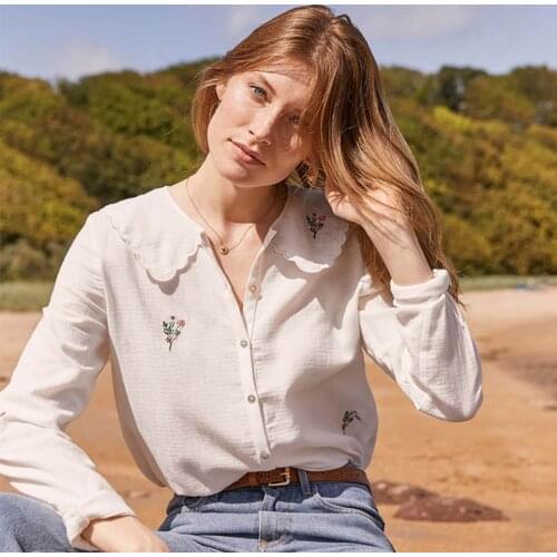 Embroidery Blouse Ruffles Peter Pan Collar Long Sleeves Shirts 2021 Woman Spring Autumn Blouses Tops Elegant chemises femme