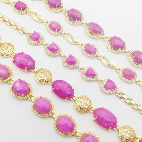 Pretty Jades Fuchsia Oval Heart Beads Hollow Cutting Bracelet Bangle 7“L