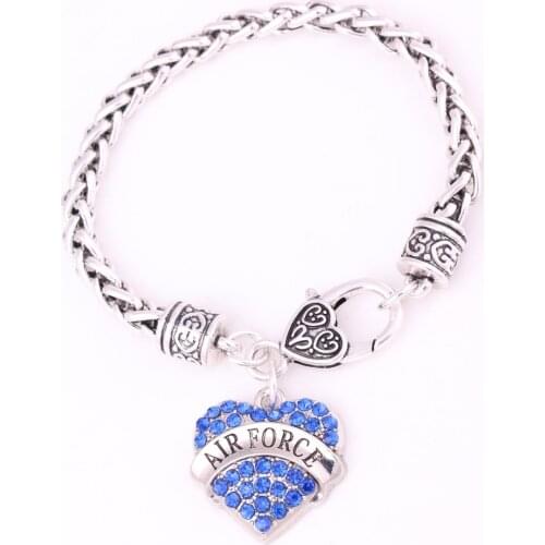Rhodium plated studded with sparkling crystal AIR FORCE charm bracelet link chain Lobster-claw-clasps