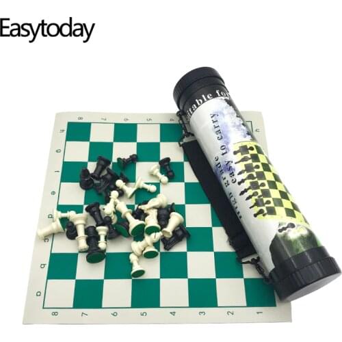 Easytoday Outdoor Chess Game Set Portable Plastic Chess Pieces Synthetic Leather Board Straps Travel Essentials Table Games Gift