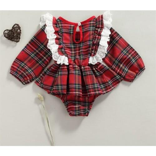 Newborn Ruffle Playsuit Toddler Plaid Pattern Long Sleeve O Neck Romper Christmas Outfits For 0-24 Months