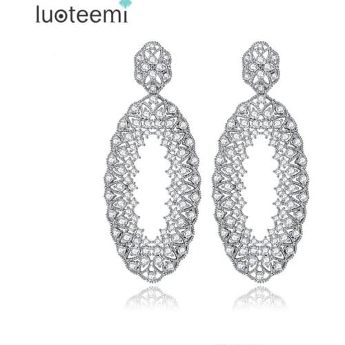LUOTEEMI Gorgeous White Gold-Color Vintage Hollow Out Water Drop Micro Inlay AAA Cubic Zirconia Dangle Earrings Bijoux