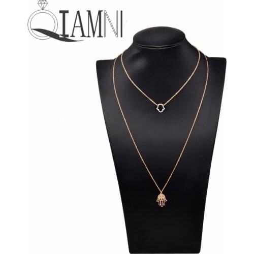 QIAMNI Trendy Minimalist Double Layer Chain Crystal Hamsa Hand Pendants Choker Necklace for Women Girls Birthday Party Gift