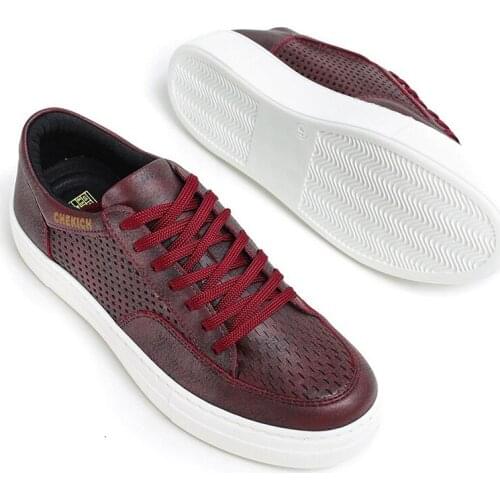 Chekich Mens Sneakers Claret Red Faux Leather Laces 2021 Fashion Unisex New Model Casual Shoes Wedding Formal Sport Lightweight High Quality White Base Air Breathable Flexible Flat Comfortable Suits CH015 V3
