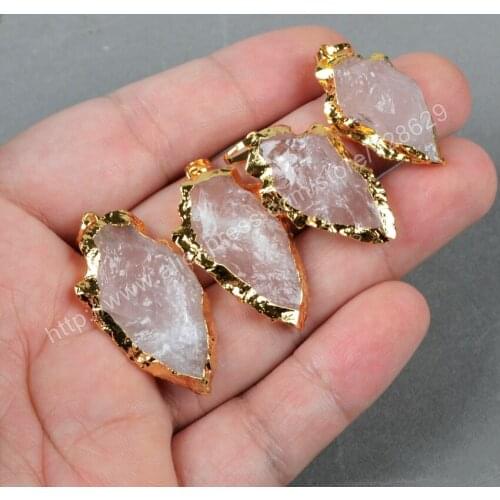 BOROSA Gold Color Arrowhead Raw Natural Crystal Pink Quartz Pendant Bead g0696