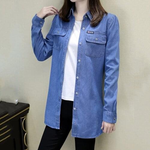 2020 New Spring Autumn Women Denim Basic Shirt Loose Casual Long Sleeve With 2 Pockets Cotton Washed Blue Female Blouse Top 1185