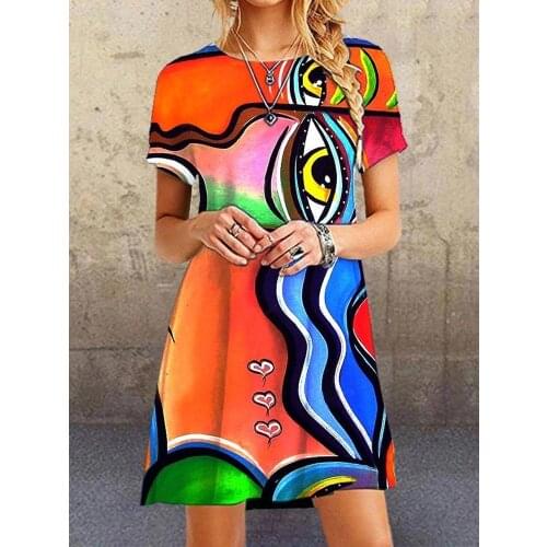 New Design Abstract Face Print Women Dress Europe Female High Waist Patchwork Summer Dress