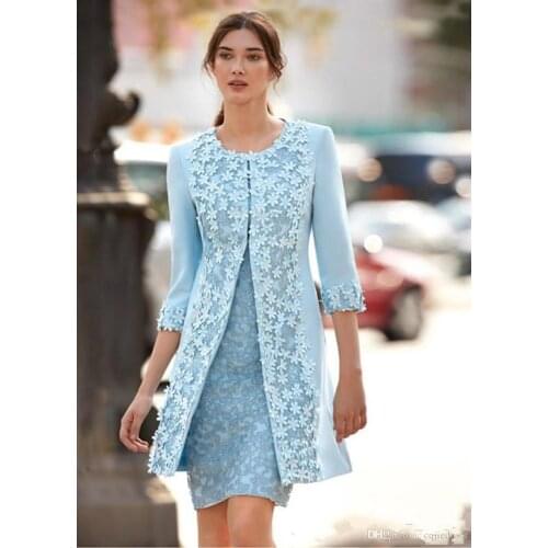 Carla Ruiz Light Blue Mother Of The Bride Dresses With Jacket Sheath Knee Length Short Wedding Guest Dress Arabic 3D flower