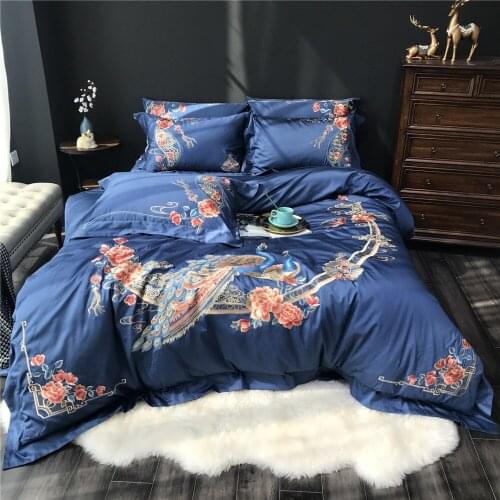 Luxury Embroidered 120S Egyeptian cotton Blue Peacock Bedding sets Queen King Royal Duvet cover Bed sheet set Pillowcases 4pcs