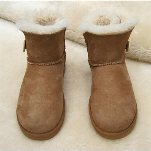Family Matching Snow Boots with Buttons Mother Kids Sheep Skin Shoes with Real Sheep Fur Baby Sister Bother Boots