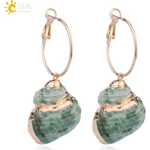 CSJA Natural Spiral Shell Charms Earrings with Pendant Green Snail Gold Color Hook Drop Earrings Fashion Jewelry for Women G003