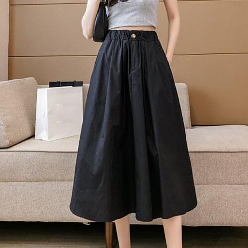 Elastic Waist Midi Umbrella Skirt 2021 Summer Button Womens Skirts Pocket Casual High Waisted Korean Fashion A-Line Skirt Female