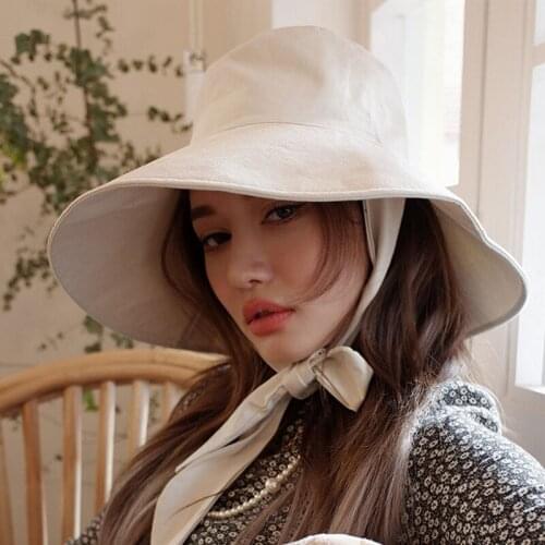 Ladies Bucket Hat Simple Tie Bow Fisherman Hat Solid Color Cotton Linen Breathable Big Brim Sun Caps