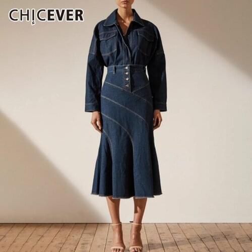 CHICEVER Vintage Blue Denim Two Piece Set For Women Lapel Long Sleeve Shirts High Waist Trumpet Casual Sets Female 2021 Clothing