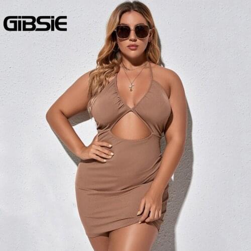 GIBSIE Solid Cut Out Rib-Knit Bodycon Dress Women Plus Size V Neck Sleeveless Criss Cross Back Sexy Party Mini Dresses 2021 New
