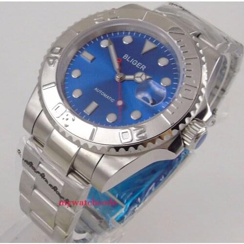 40mm bliger blue sterile dial vintage date window sapphire crystal automatic mens watch