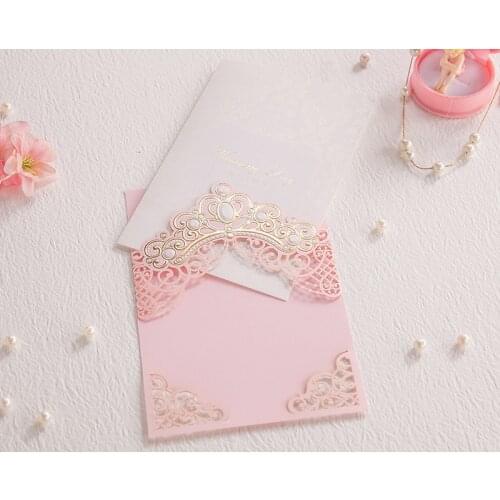 50pcs Pink Laser Cut Wedding Invitations Cards With Gold Embossed Hollow Flora Design for Bridal Shower CW6072