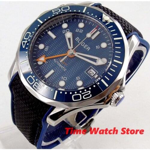 Bliger 41mm GMT 3804 Automatic watch men sapphire glass waterproof Noble rubber canvas strap blue Dial Date luminous B271