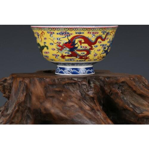 China antique Porcelain Qing qianlong yellow famille rose painting dragon bowl