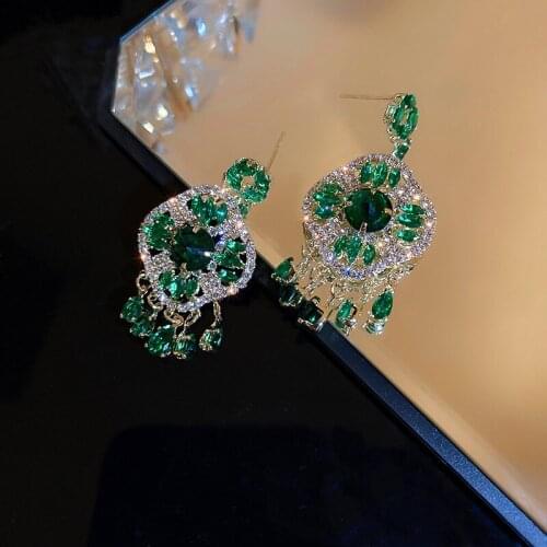 Korean Luxury Green Crystal Long Drop Earrings For Women Girls Fashion Rhinestone Pendientes Party Jewelry