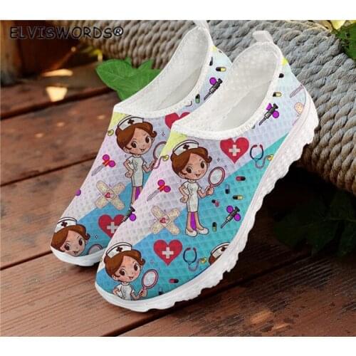ELVISWORDS Gradient Rainbow Nurse Prints Breathable Ladies Air Mesh Sneakers Non-slip Slip on Lazy Shoes Footwear for Women Hot