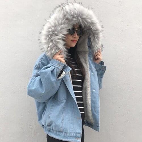 Velvet Thick Denim Hooded Jacket Female Winter Big Fur Hooded Coat Streetwear Short Casual Jackets Parka Female Warm Outerwear
