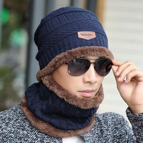 Hot Selling 2pcs Ski Cap and Scarf Cold Warm Leather Winter Hat for Women Men Knitted Hat Bonnet Warm Cap Skullies Beanies