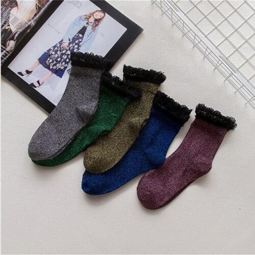 Hot Sale Fashion Shiny Glitter Socks Winter Warm Women Lace Socks Luxury Floral Edge Cotton Socks Funny Cute Elegant Socks