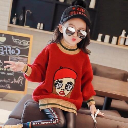 New Printing Knitting Winter Warm Clothes Girls Sweater Kids Toddler Teens Tops Jumpers Children Cute Plus Cashmere High Quality