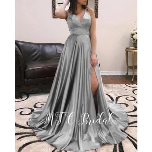 Charming Long Sliver Evening Dress Side Slit V Neck Backless Satin Formal Occasion Women Dresses 2019 Custom Made Party Gowns