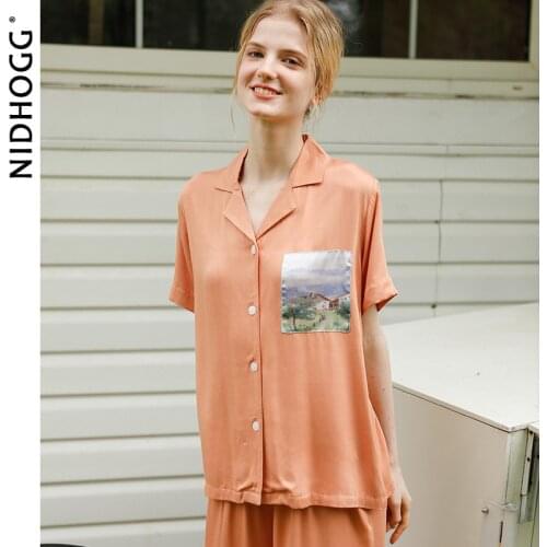 2021 Women Short Sleeve Pajamas Viscose Satin Sleepwear Loose Oil Painting Lounge Wear 2 Piece Pyjamas Sexy Nightwear Home Set