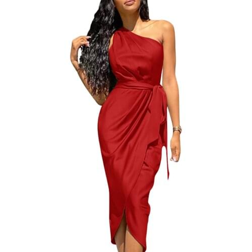 Womens Sexy Slant Shoulder Dress Adult Summer Lace Up Sleeveless Solid Color Split Skirt Slim Satin