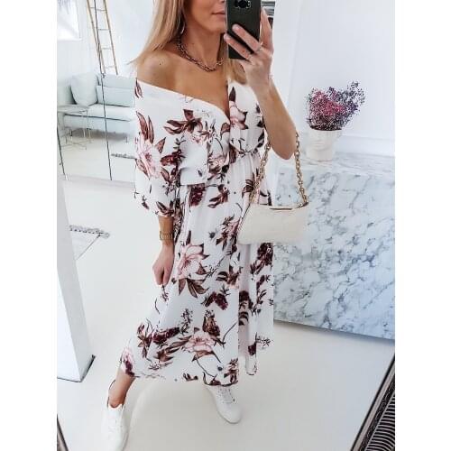 Sexy V-Neck Off-the-Shoulder Dress Summer Womens Lace-up Floral Collection Bohemian Style White Dress Office Vestido Ropa Mujer
