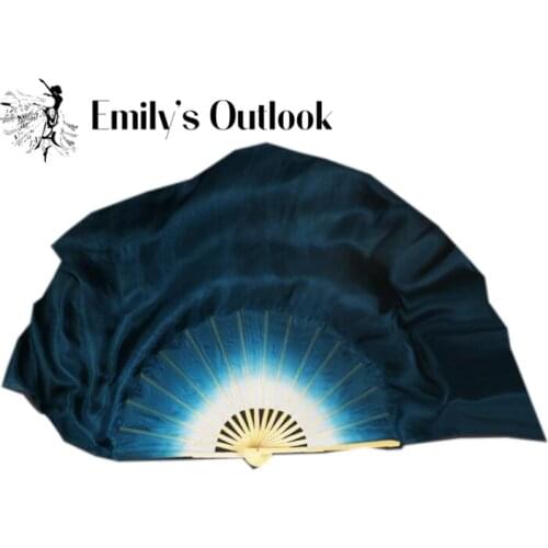 New White Dark Blue Gradient Silk Veil Chinese Traditinal Hand Dye Dance Fan Pairs Two Layer Machine Rolled Adults 20 Inches