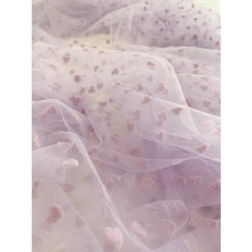 1 yard Light Purple Tulle Lace Fabric With Velvet Hearts Tulle Mesh Fabric With Velvet Dot, New Arrival
