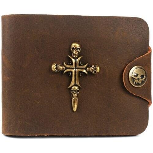 Vintage Genuine leather Men Short Purse Boys Goth Skull Head Cross Crazy Horse Cowhide Leather Biker Hasp Trifold Wallet Male