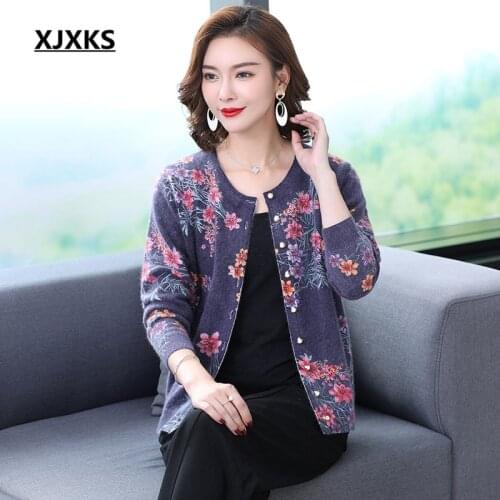 XJXKS High quality comfortable warm Mink Cashmere knitted sweater women cardigan 2020 spring winter new women printed sweater